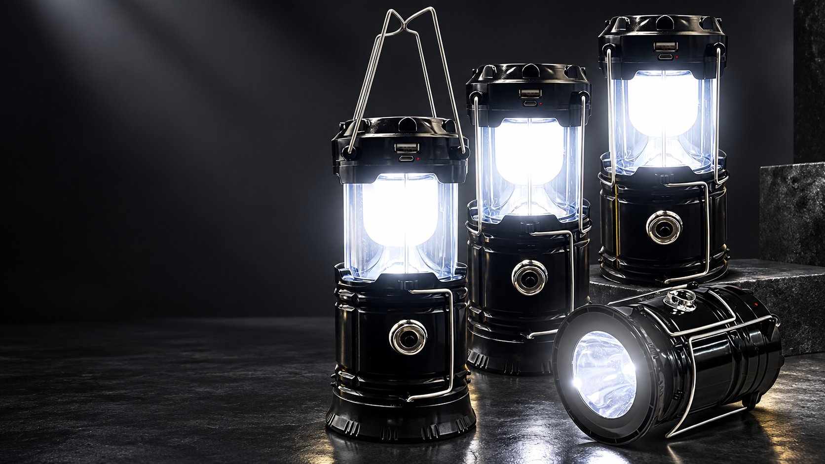 Four XTAUTO collapsible LED lanterns glowing in a dark studio